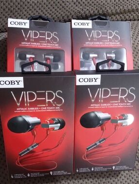 Set 4pc- Coby Vipers Metallic Earbuds+ One Touch Mic NIB Wired